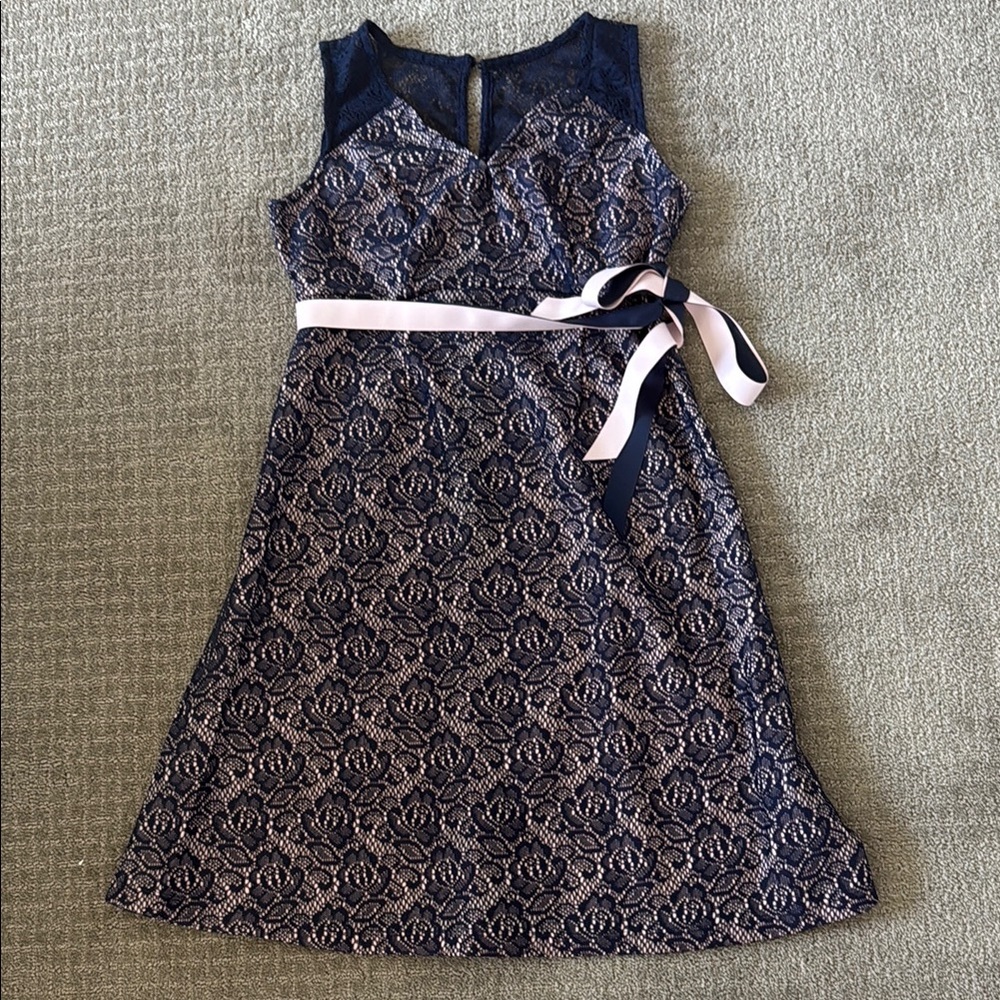 Elegant Navy and Pink Lace Maternity Dress